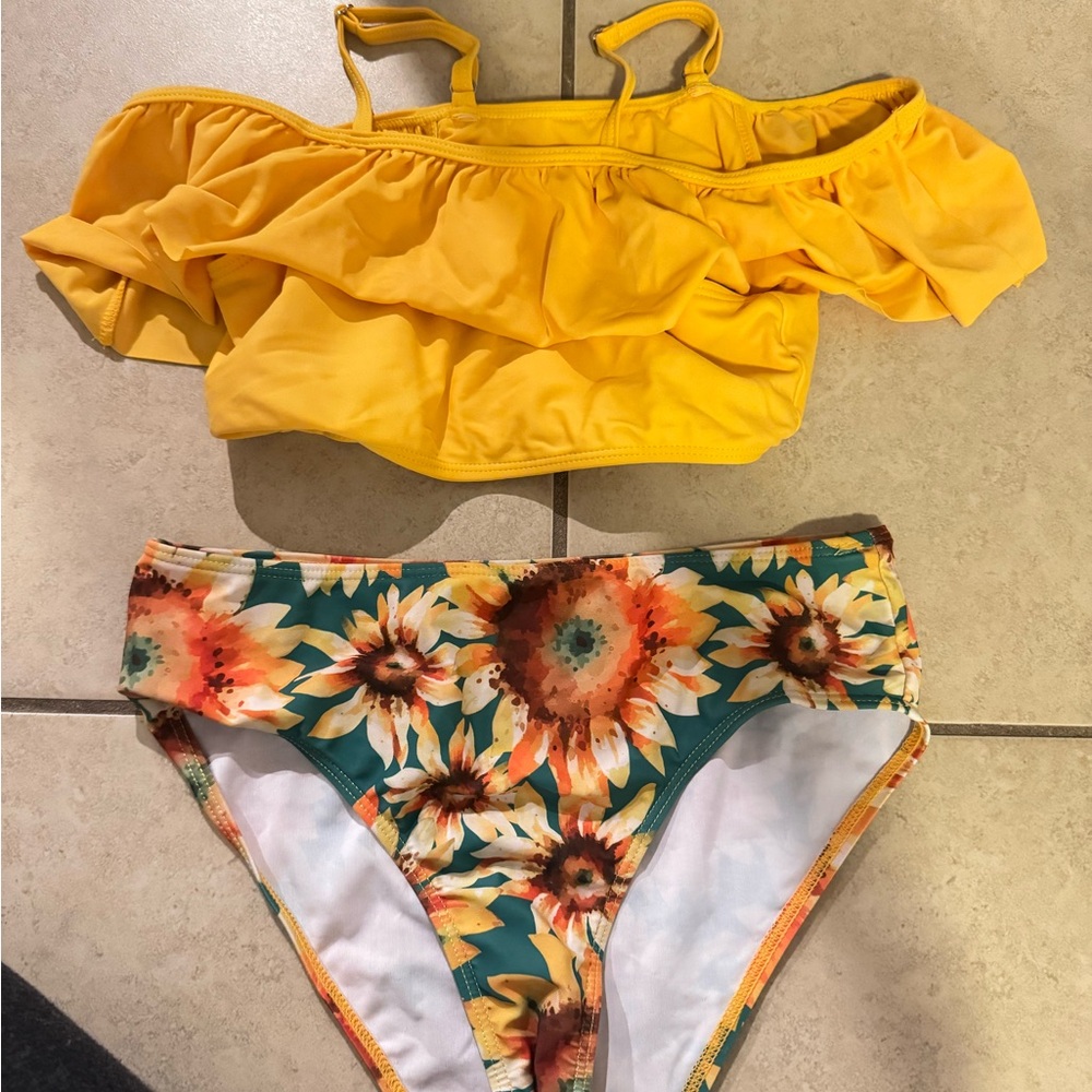 Yellow Ruffle Bikini Top with Floral Bottoms